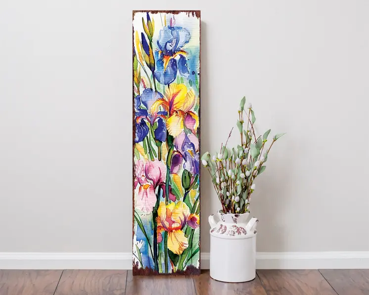 36" Purple Pink And Yellow Iris Solid Wood Porch Sign