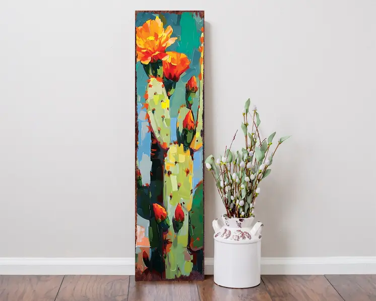 36" Blue Green And Orange Cactus Solid Wood Porch Sign