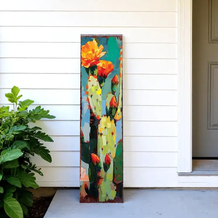 36" Blue Green And Orange Cactus Solid Wood Porch Sign