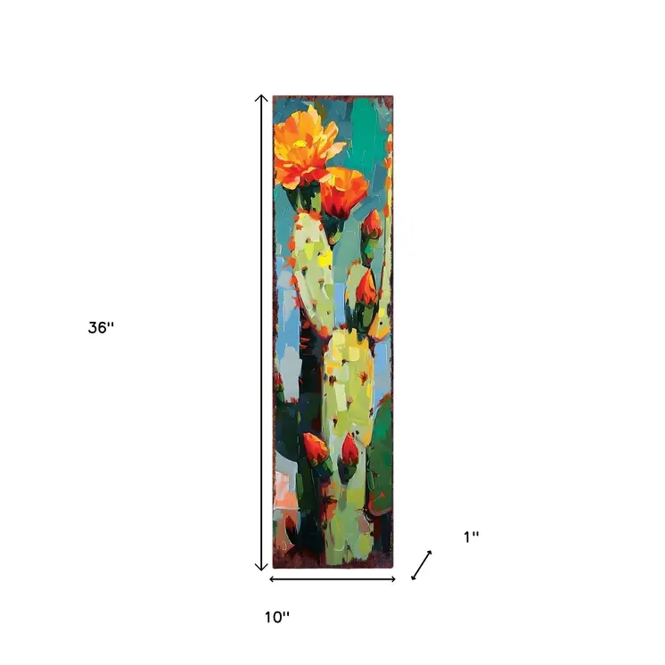 36" Blue Green And Orange Cactus Solid Wood Porch Sign
