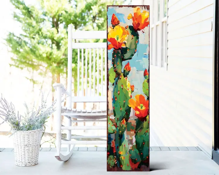 36" Green And Orange Cactus Solid Wood Porch Sign