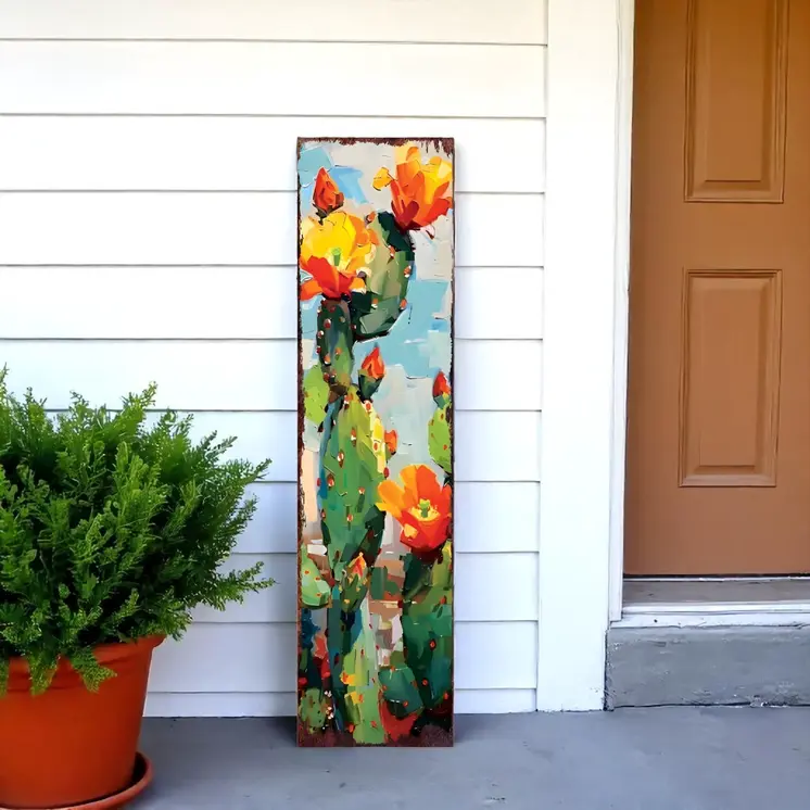 36" Green And Orange Cactus Solid Wood Porch Sign