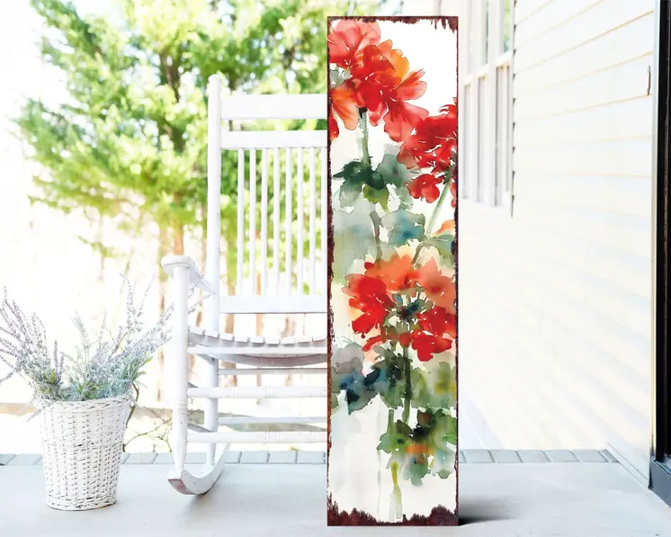 36" Green Red And White Geranium Solid Wood Porch Sign