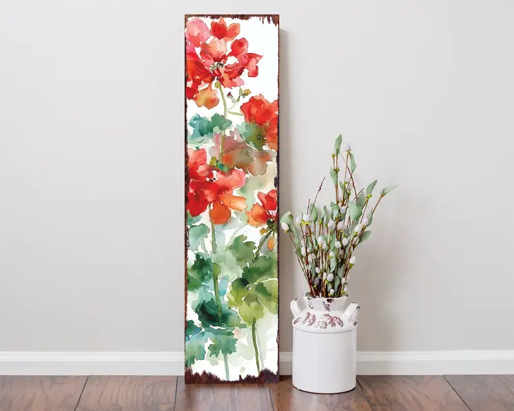 36" Green Red And White Geranium Solid Wood Porch Sign