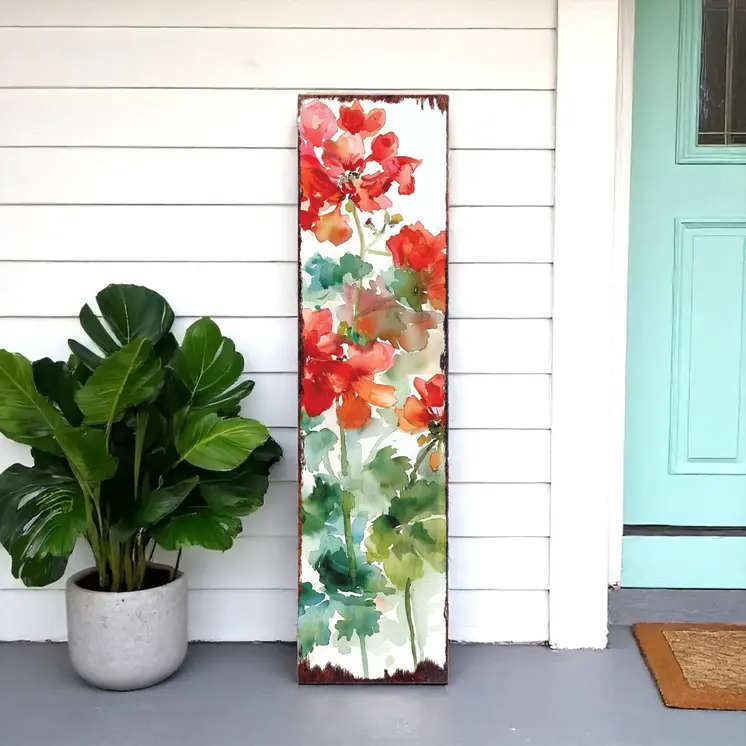 36" Green Red And White Geranium Solid Wood Porch Sign