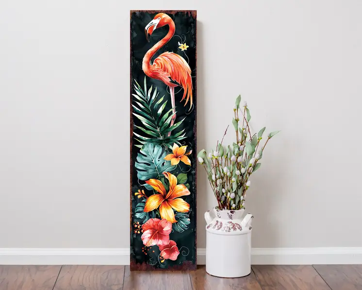36" Black Coral And Green Solid Wood Flamingo Porch Sign