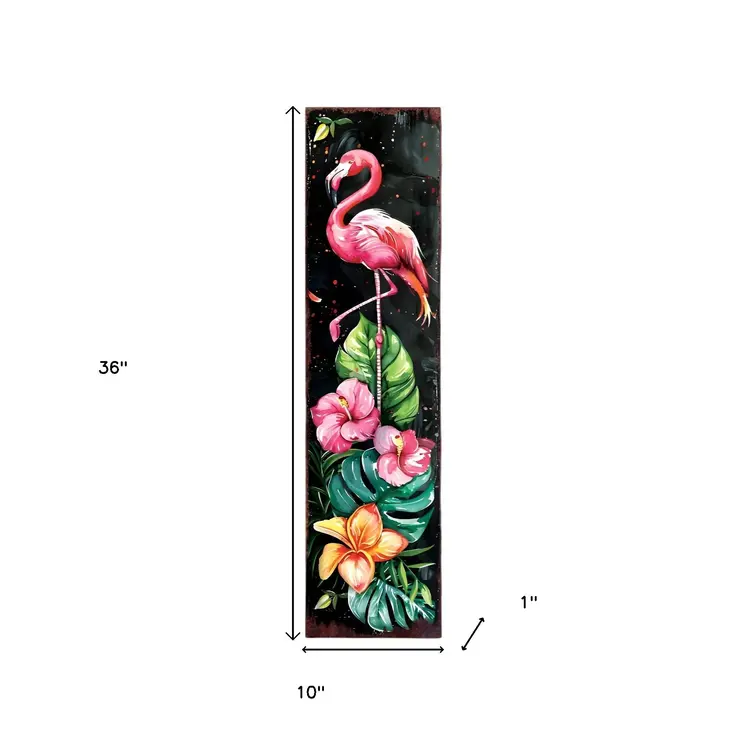 36" Black And Pink Solid Wood Tropical Floral Flamingo Porch Sign