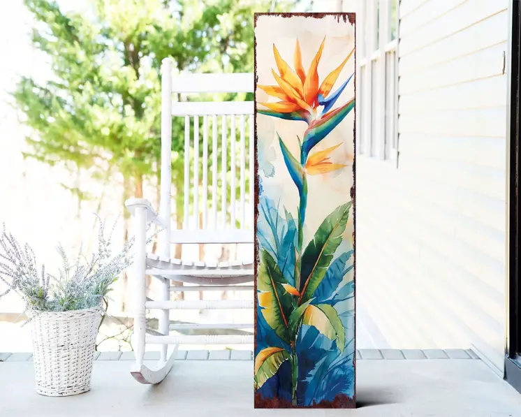 36" Off White Orange And Blue Tropical Floral Solid Wood Porch Sign