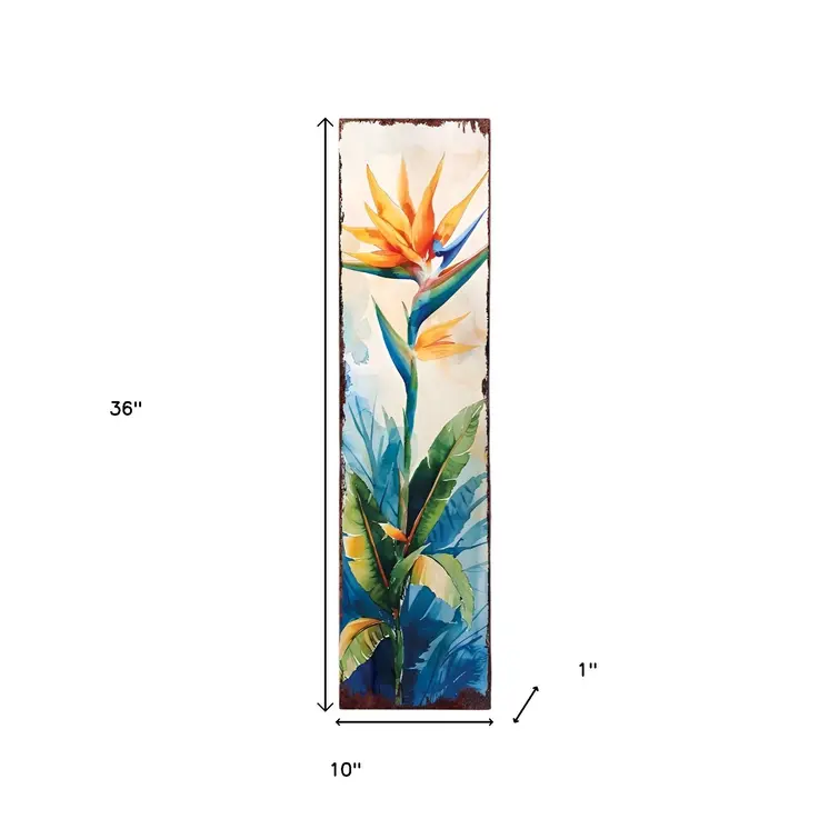 36" Off White Orange And Blue Tropical Floral Solid Wood Porch Sign