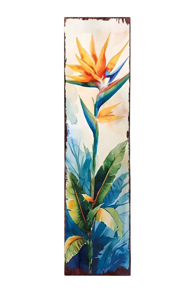 36" Off White Orange And Blue Tropical Floral Solid Wood Porch Sign