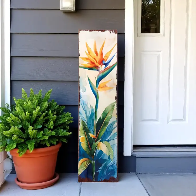 36" Off White Orange And Blue Tropical Floral Solid Wood Porch Sign