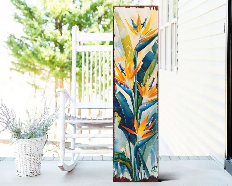 36" Orange Blue And Green Tropical Floral Solid Wood Porch Sign