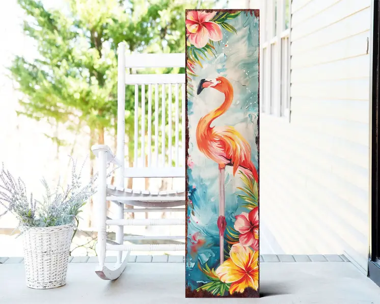 36" Blue Coral And Pink Solid Wood Tropical Floral Flamingo Porch Sign