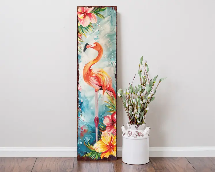 36" Blue Coral And Pink Solid Wood Tropical Floral Flamingo Porch Sign
