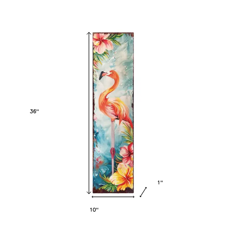 36" Blue Coral And Pink Solid Wood Tropical Floral Flamingo Porch Sign
