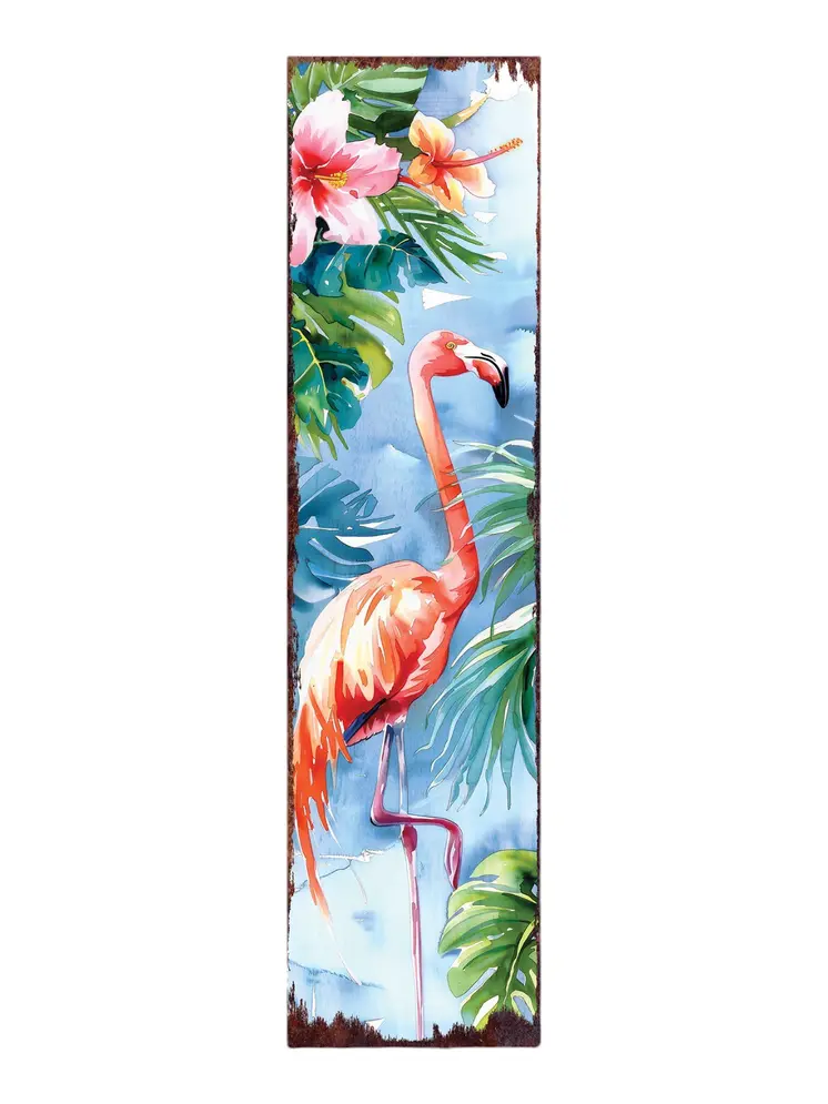 36" Blue And Coral Solid Wood Flamingo Tropical Floral Porch Sign