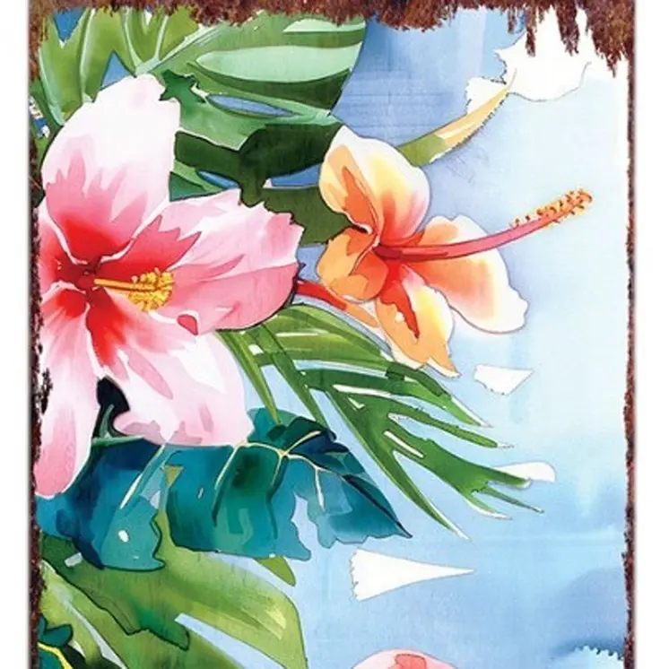 36" Blue And Coral Solid Wood Flamingo Tropical Floral Porch Sign