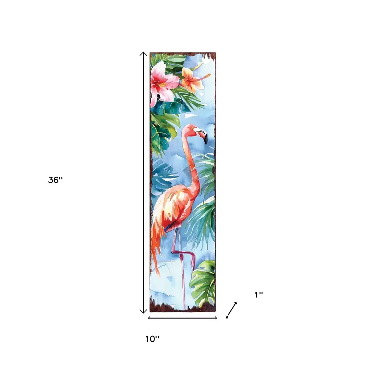 36" Blue And Coral Solid Wood Flamingo Tropical Floral Porch Sign