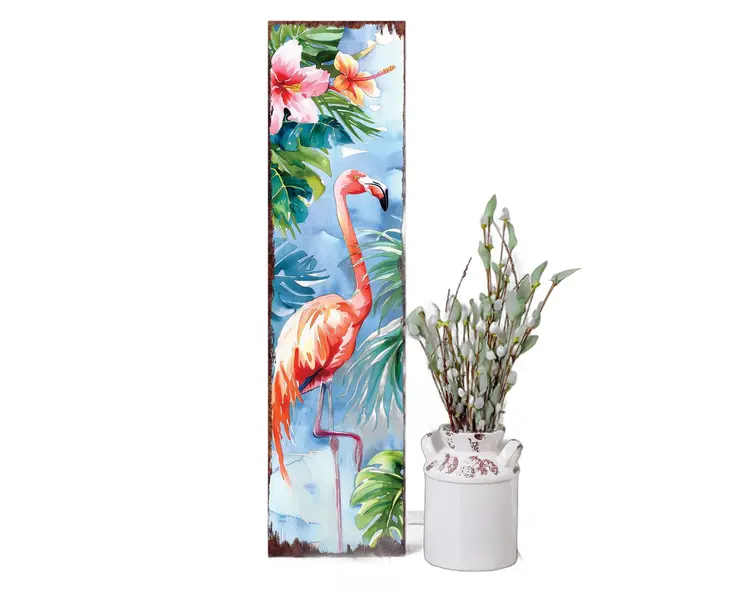 36" Blue And Coral Solid Wood Flamingo Tropical Floral Porch Sign