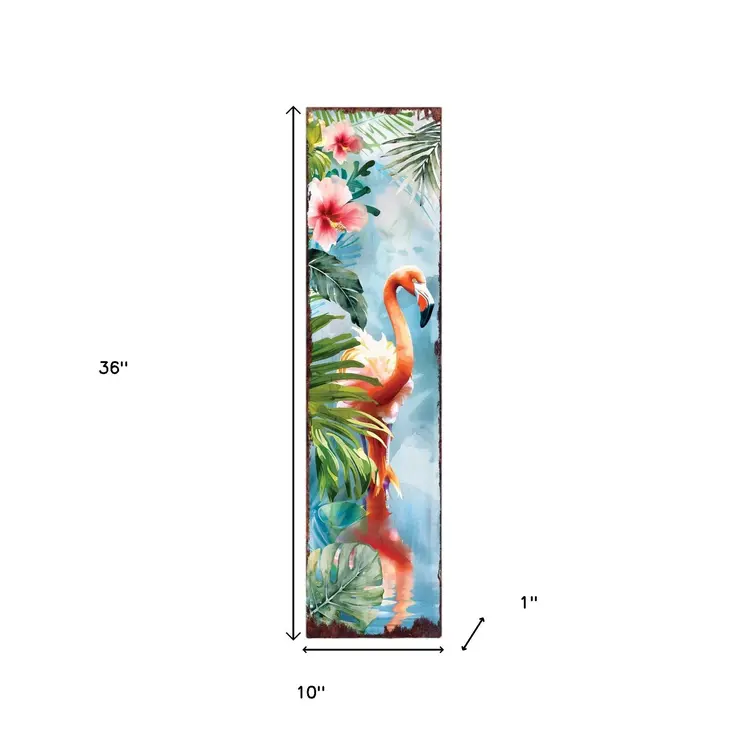 36" Blue Pink And Green Solid Wood Watercolor Flamingo Porch Sign