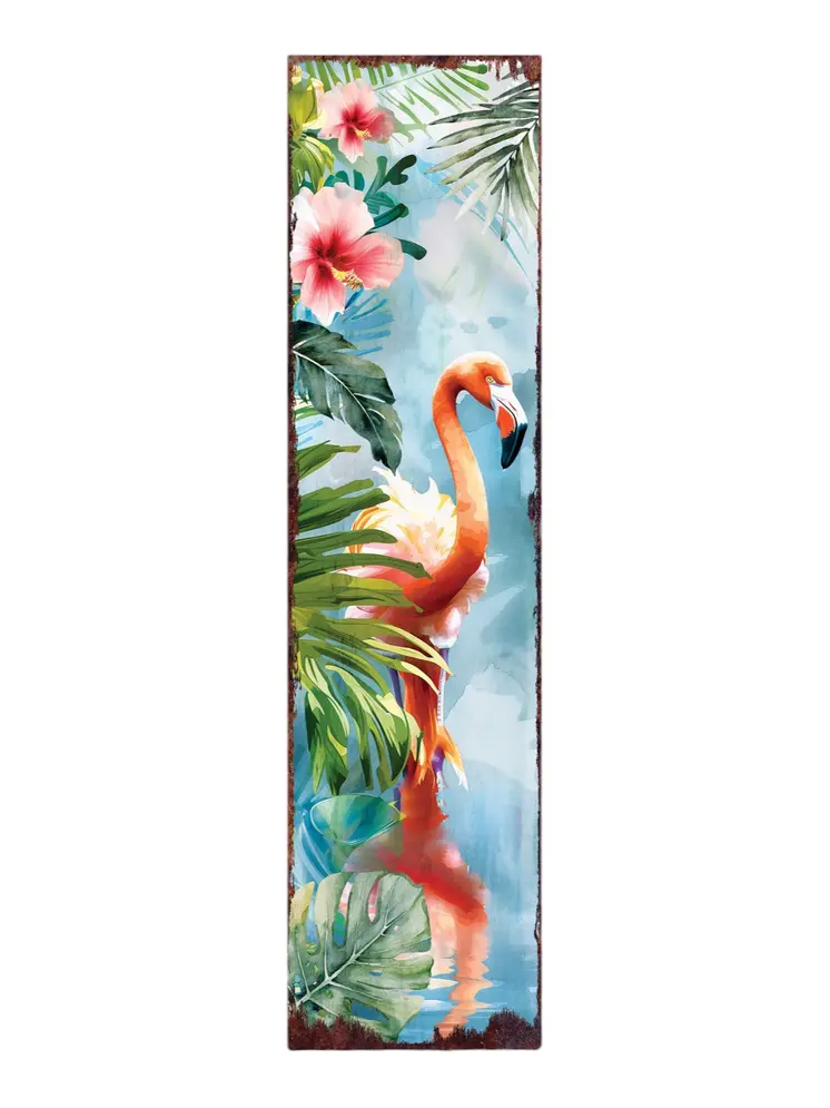 36" Blue Pink And Green Solid Wood Watercolor Flamingo Porch Sign