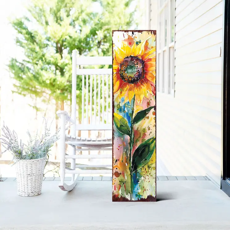 36" Yellow Green And  Brown Watercolor Sunflowers Solid Wood Porch Sign