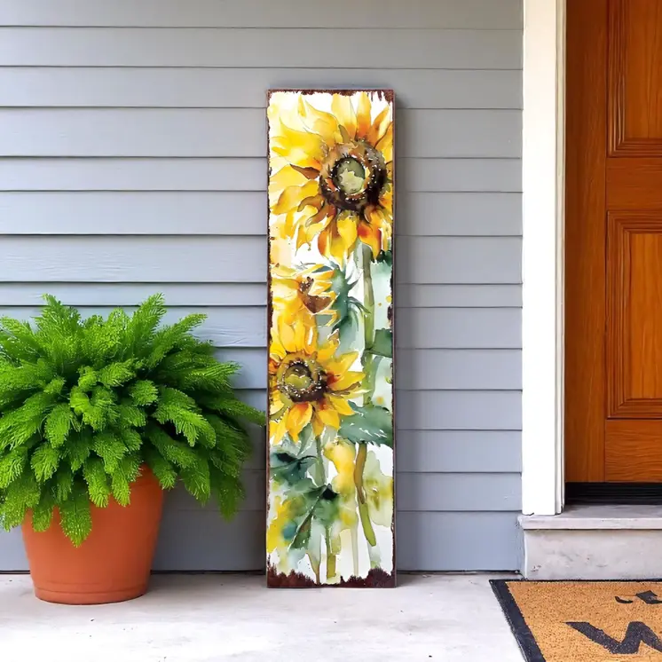 36" Brown Green And Yellow Sunflowers Solid Wood Porch Sign