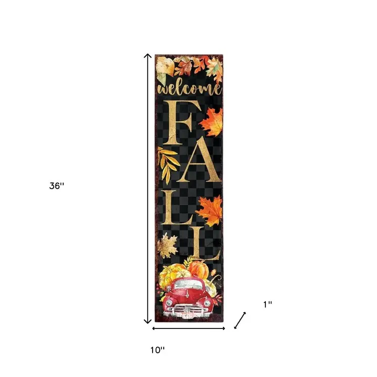 36" Black Orange And Gold Welcome Autumn Leaves Solid Wood Porch Sign
