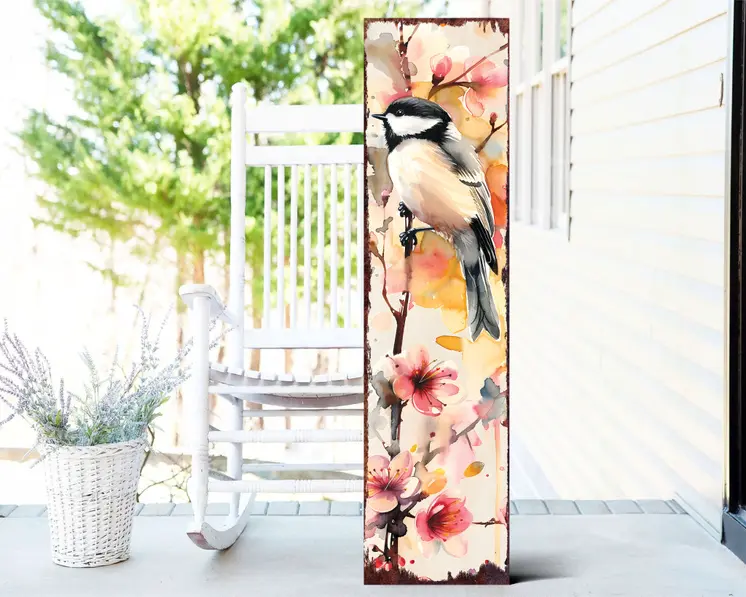 36" Ivory Peach And Pink Solid Wood Floral Bouquet Chickadee Birds Porch Sign