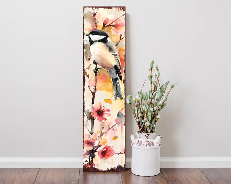 36" Ivory Peach And Pink Solid Wood Floral Bouquet Chickadee Birds Porch Sign