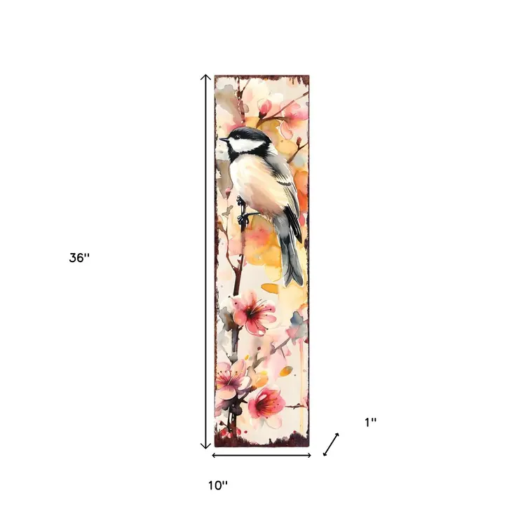 36" Ivory Peach And Pink Solid Wood Floral Bouquet Chickadee Birds Porch Sign