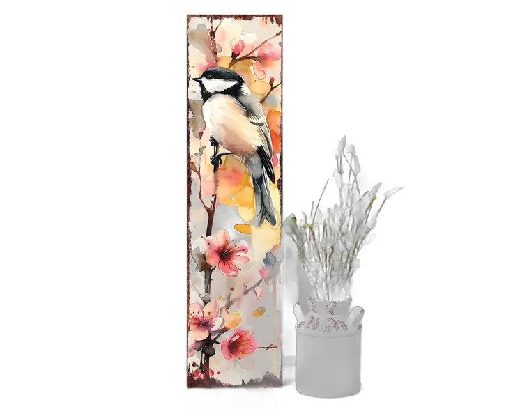 36" Ivory Peach And Pink Solid Wood Floral Bouquet Chickadee Birds Porch Sign