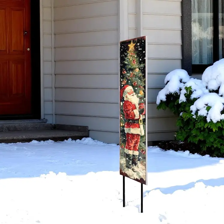 42" Black Red And Green Christmas Santa Solid Wood Garden Stake