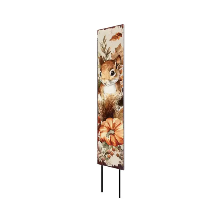 42" Tan Orange And Off White Solid Wood Squirrels Garden Stake