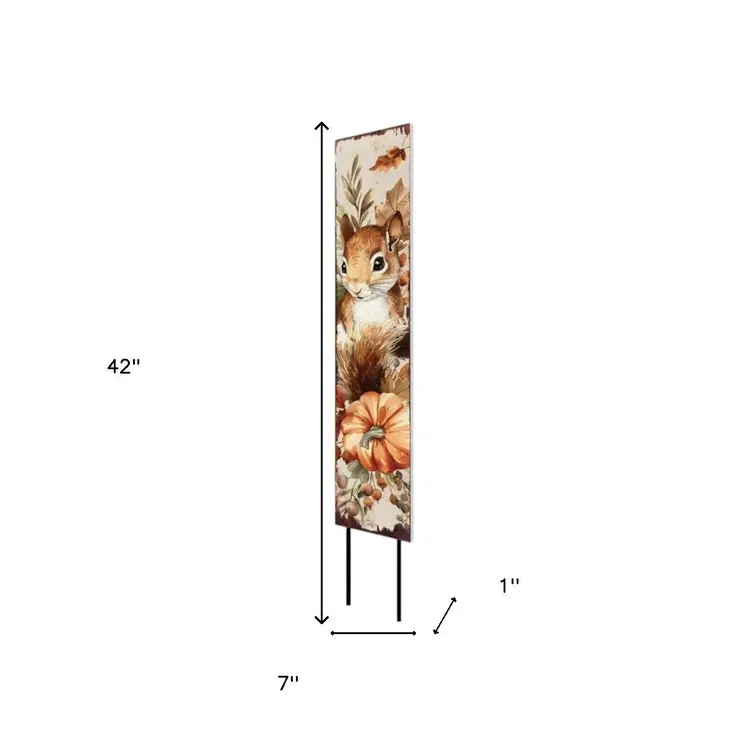 42" Tan Orange And Off White Solid Wood Squirrels Garden Stake