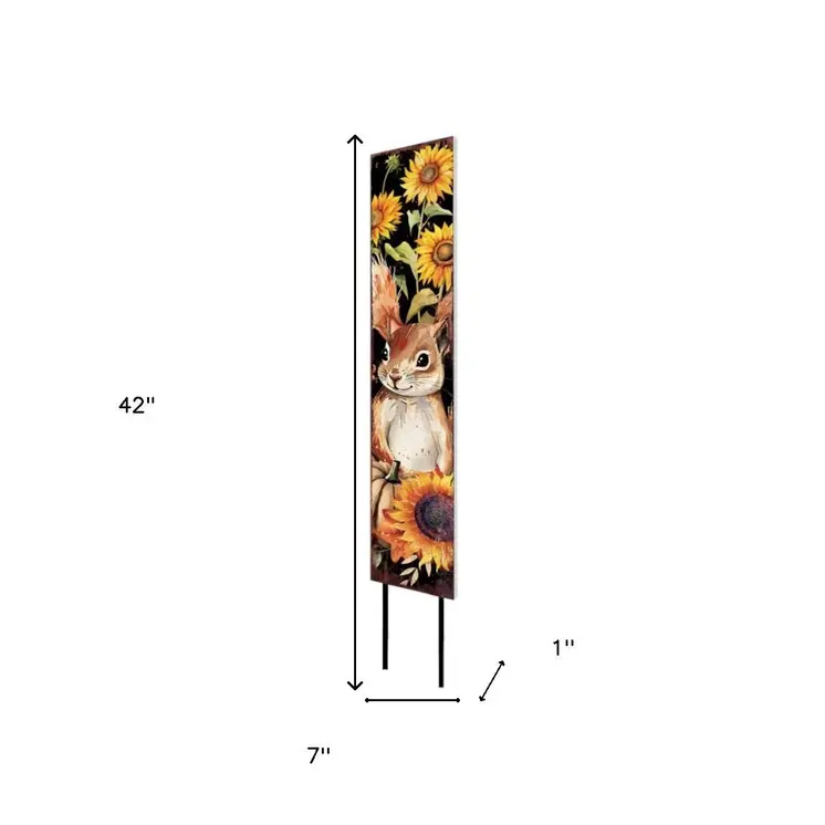 42" Black Yellow And Tan Solid Wood Sunflowers And Squirrel Garden Stake