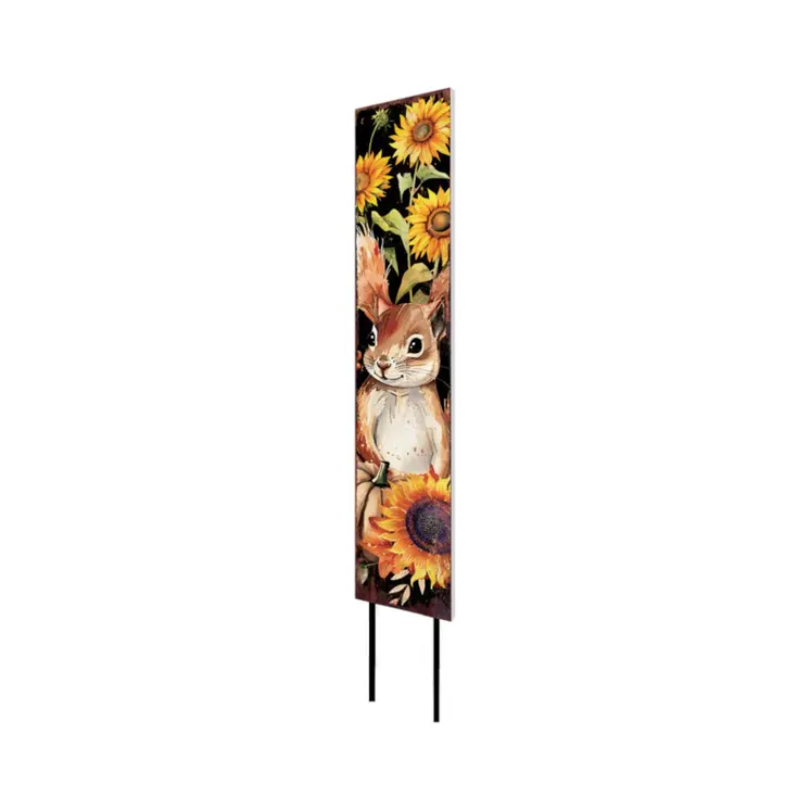 42" Black Yellow And Tan Solid Wood Sunflowers And Squirrel Garden Stake
