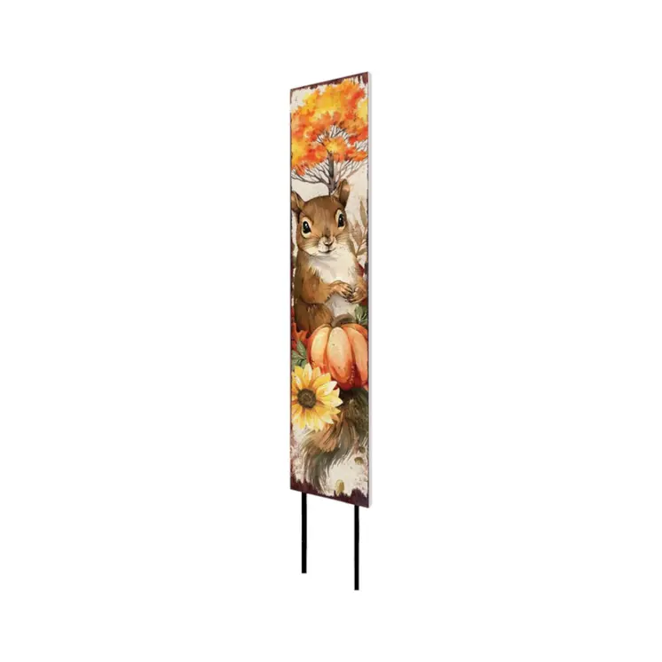 42" Brown And Orange Solid Wood Autumn Squirrel Garden Stake