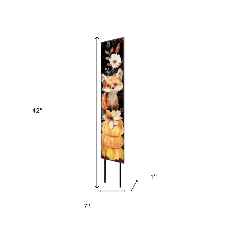 42" Black Tan And Orange Floral Bouquet Solid Wood Fox Garden Stake