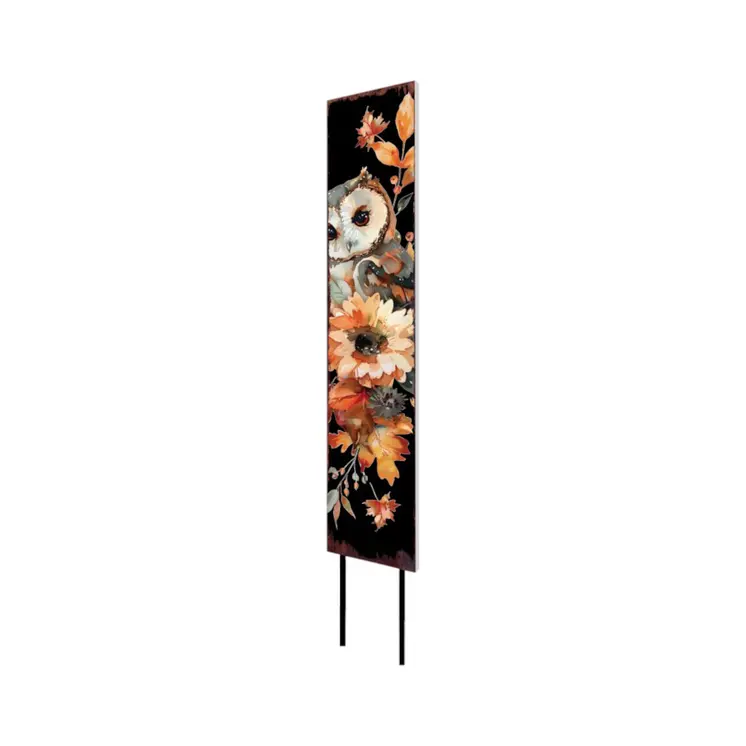 42" Black And Gray Solid Wood Floral Bouquet Owl Garden Stake