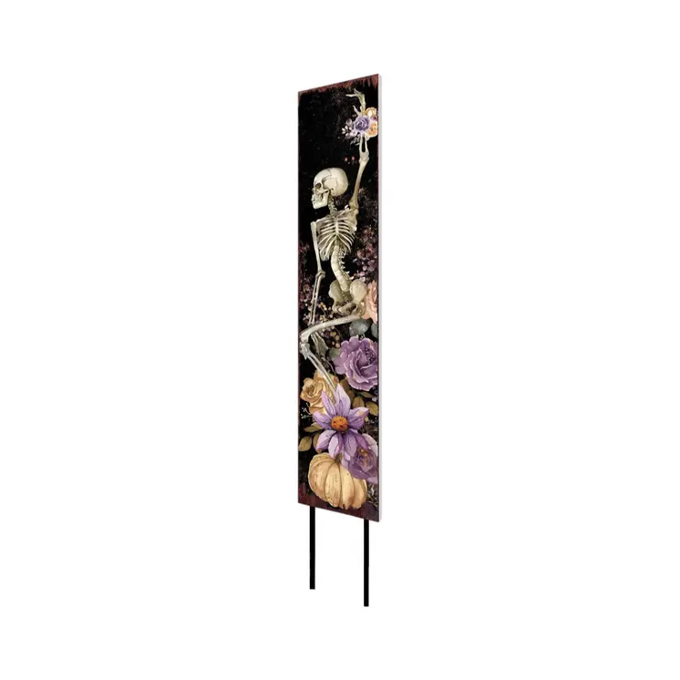 42" Black Off White And Purple Halloween Skeleton Solid Wood Garden Stake