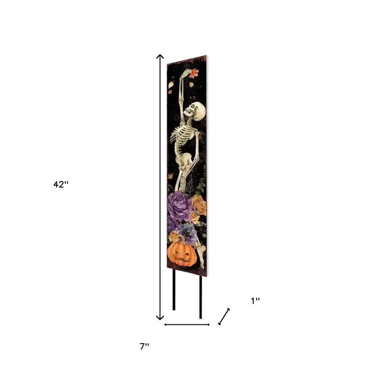 42" Black And White Solid Wood Halloween Skeleton Garden Stake