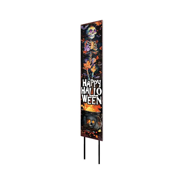 42" Black And Orange Solid Wood Skeleton Happy Halloween Garden Stake