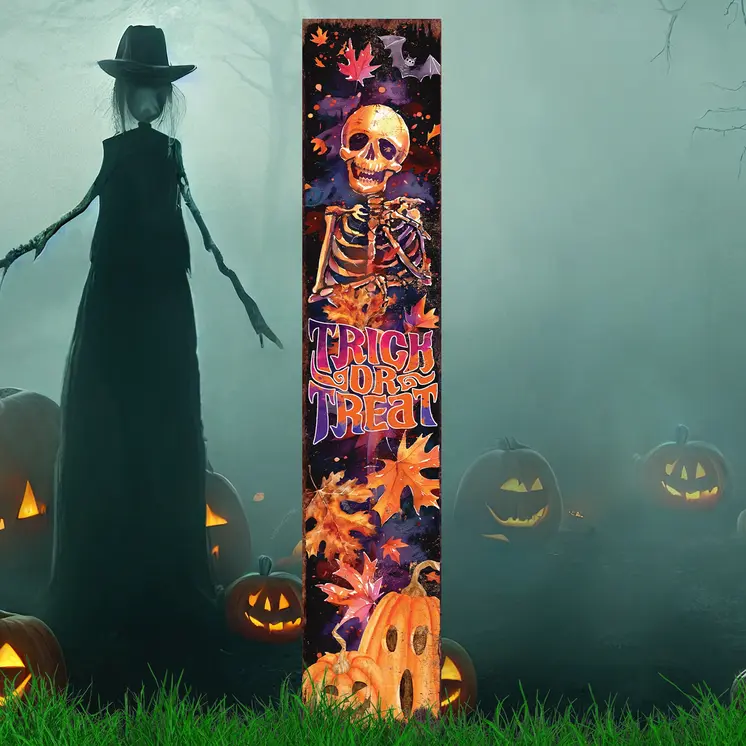42" Black And Orange Halloween Skeleton Solid Wood Garden Stake