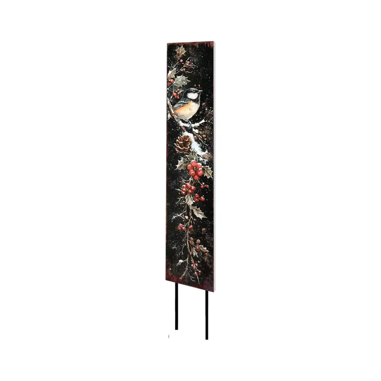 42" Black Red And Green Christmas Chickadee Solid Wood Birds Garden Stake