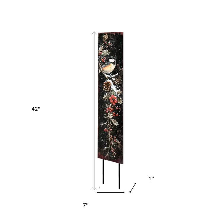 42" Black Red And Green Christmas Chickadee Solid Wood Birds Garden Stake