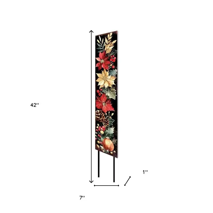 42" Black And Red Solid Wood Christmas Poinsettia Garden Stake