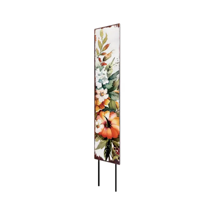 42" Green Orange And White Solid Wood Watercolor Floral Pumpkin Garden Stake