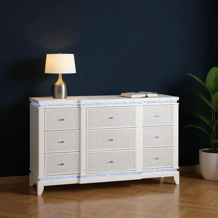62" White Wood Lighted Nine Drawer Triple Dresser