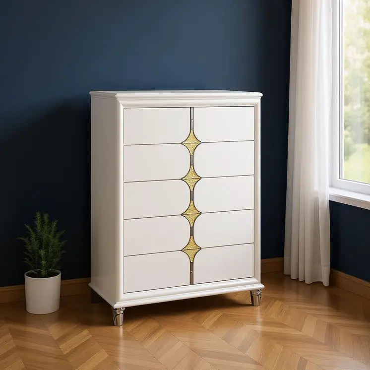 37" Gold Wood Five Drawer Dresser